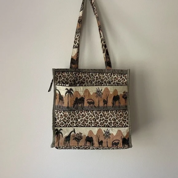 Vintage 80s Safari Animal Print tapestry tote bag vacation beach resort travel - Picture 6 of 12